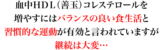 血中HDL（善玉）コレステロールを増やすにはバランスの良い食生活と習慣的な運動が有効と言われていますが継続は大変…　血中HDL（善玉）コレステロールを増やすことは簡単ではありません。