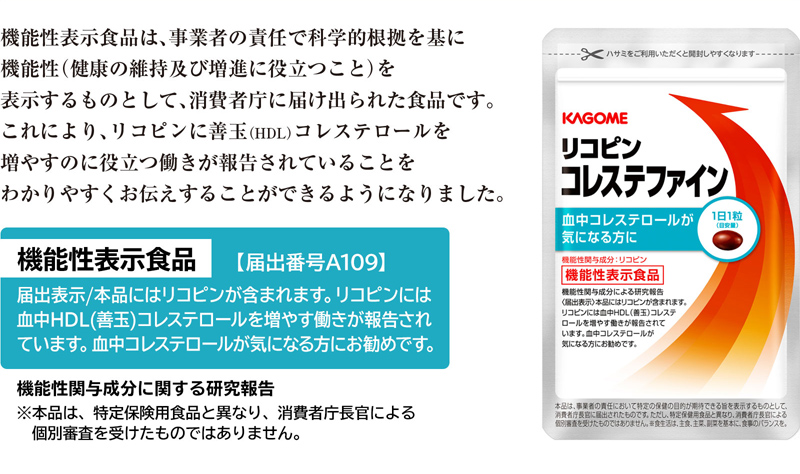 機能性表示食品は、事業者の責任で科学的根拠を基に機能性（健康の維持及び増進に役立つこと）を表示するものとして、消費者庁に届け出られた食品です。これにより、リコピンに血中HDL（善玉）コレステロールを増やすのに役立つ働きが報告されていることをわかりやすくお伝えすることができるようになりました。 機能性表示食品【届出番号 A109】 届出表示／本品にはリコピンが含まれます。リコピンには血中HDL（善玉）コレステロールを増やす働きが報告されています。血中コレステロールが気になる方にお勧めです。 ※本品は、特定保健用食品と異なり、消費者庁長官による個別審査を受けたものではありません。