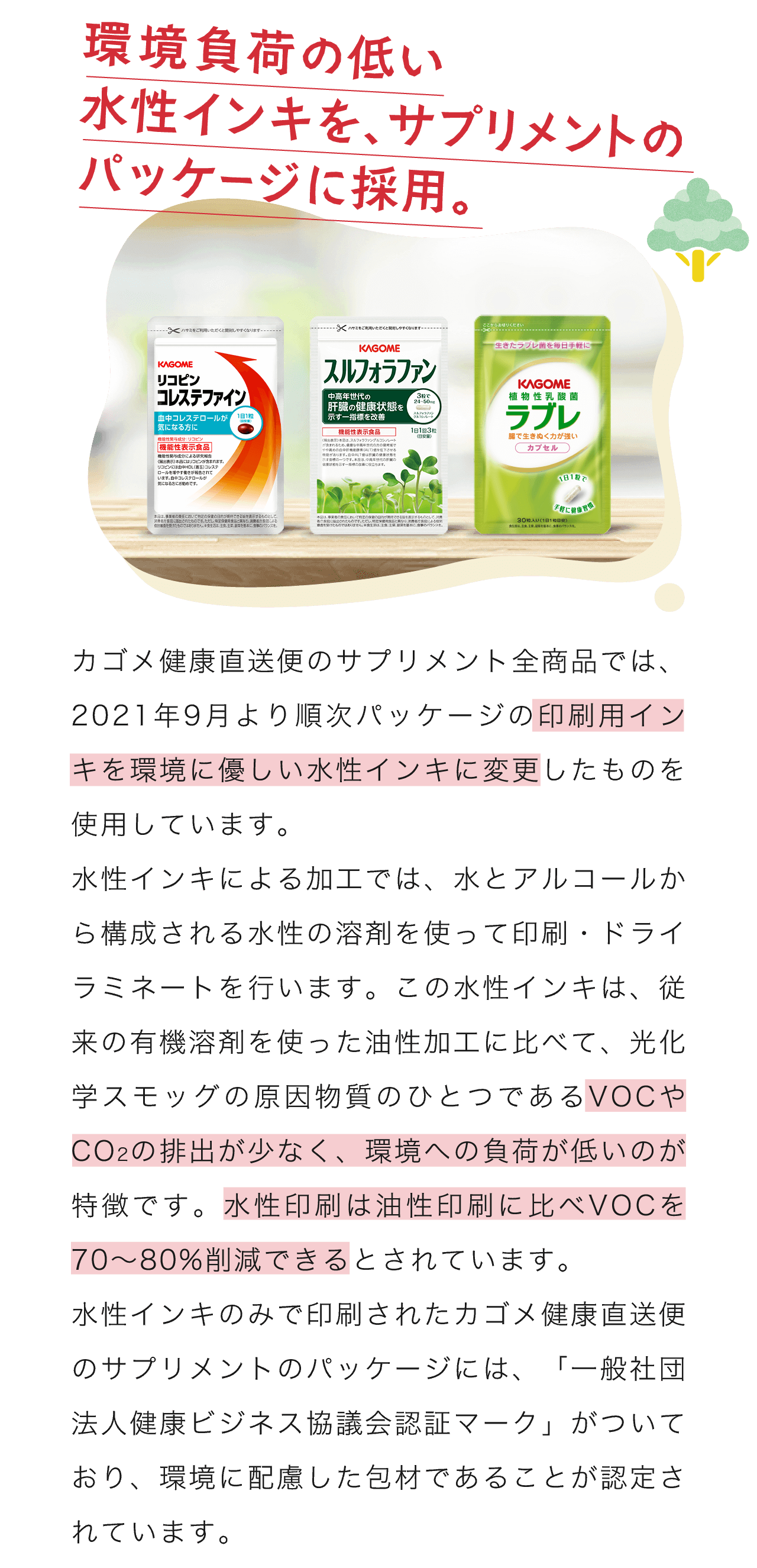 環境負荷の低い水性インキを、サプリメントのパッケージに採用。