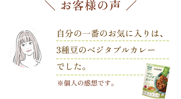 お客様の声 自分の一番のお気に入りは、3種豆のベジタブルカレーでした。 ※個人の感想です。