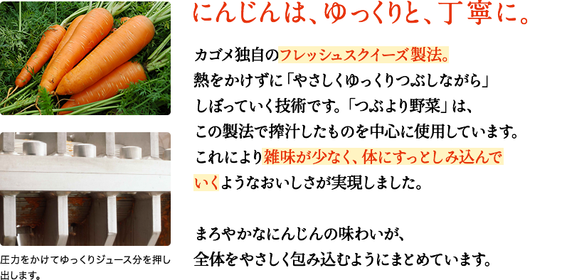 にんじんは、ゆっくりと、丁寧に。　カゴメ独自のフレッシュスクイーズ製法。熱をかけずに「やさしくゆっくりつぶしながら」しぼっていく技術です。これにより雑味が少なく、体にすっとしみ込んでいくようなおいしさが実現しました。「つぶより野菜」にもこの製法を採用しています。 まろやかなにんじんの味わいが、全体をやさしく包み込むようにまとめています。
