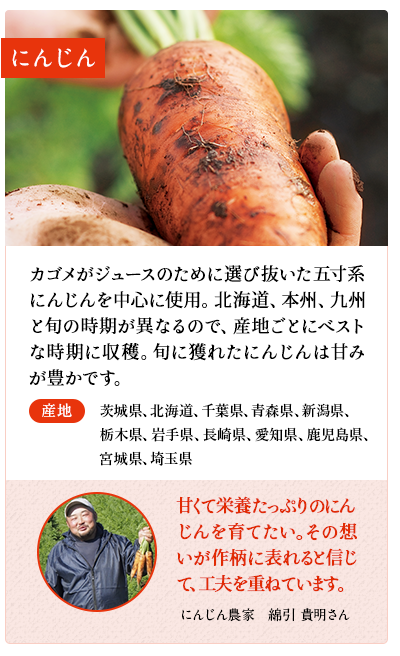 にんじん　カゴメがジュースのために選び抜いた五寸系にんじんを中心に使用。北海道、本州、九州と旬の時期が異なるので、産地ごとにベストな時期に収穫。旬にとれたにんじんは甘みが豊かです。　産地 茨城県、北海道、千葉県、青森県、新潟県、栃木県、岩手県、長崎県、愛知県、鹿児島県、宮城県、埼玉県　にんじん農家　高根澤 和義さん　甘みが強く、臭みも少ないので苦手な方でもおいしくいただけると思います。