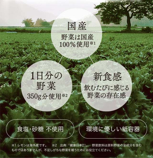 国産野菜を活かしたおいしさ。一日分の野菜※1350ｇ分を一本に凝縮※2。野菜を食べているような食感がもたらす満足感。こだわりが生んだ特別な一本です。