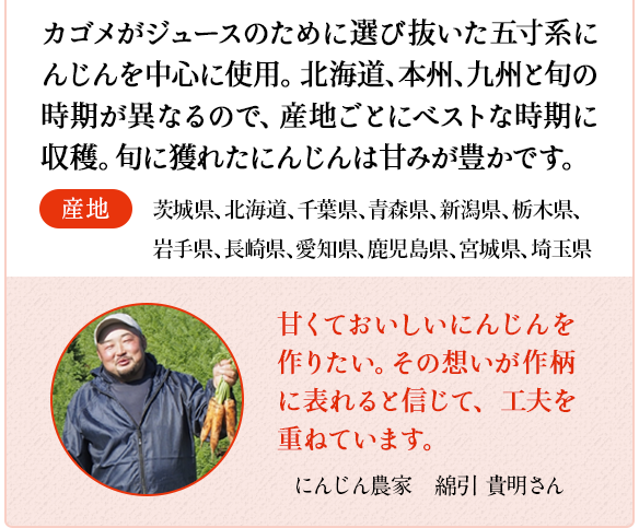 にんじん　カゴメがジュースのために選び抜いた五寸系にんじんを中心に使用。北海道、本州、九州と旬の時期が異なるので、産地ごとにベストな時期に収穫。旬にとれたにんじんは甘みが豊かです。　産地 茨城県、北海道、千葉県、青森県、新潟県、栃木県、岩手県、長崎県、愛知県、鹿児島県、宮城県、埼玉県　にんじん農家　高根澤 和義さん　甘みが強く、臭みも少ないので苦手な方でもおいしくいただけると思います。
