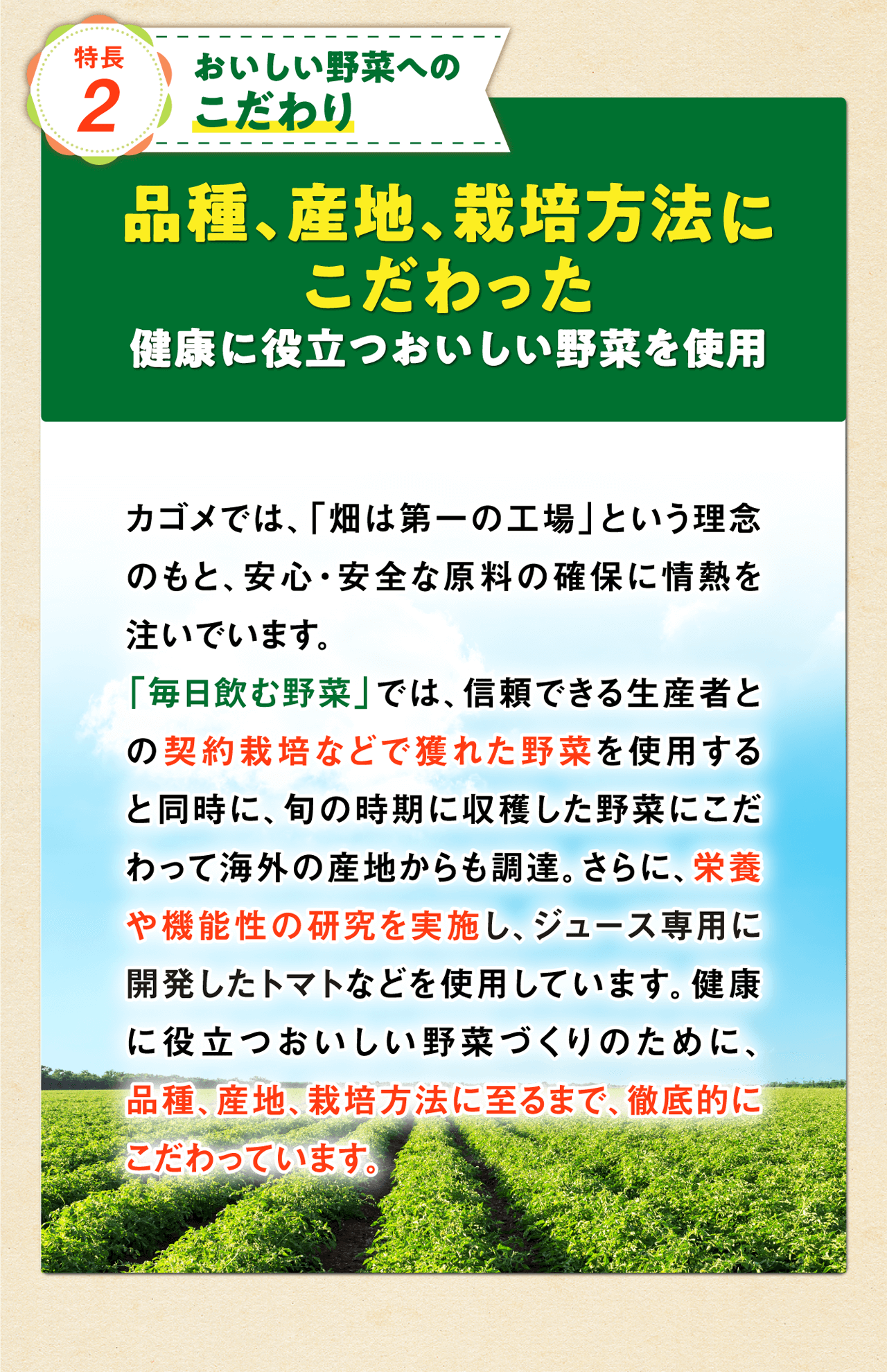 特長2 おいしい野菜へのこだわり 品種、産地、栽培方法にこだわった健康に役立つおいしい野菜を使用