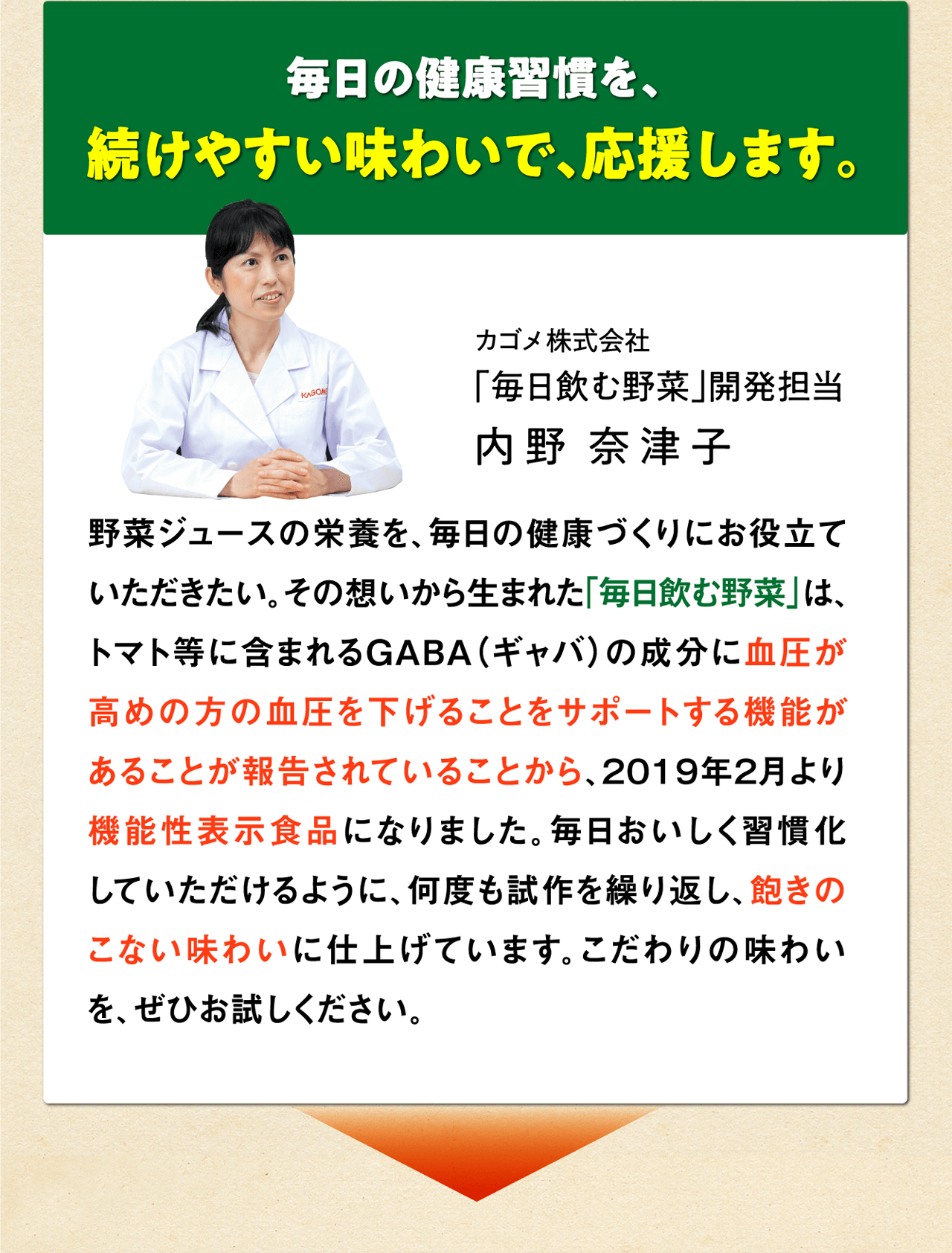 毎日の健康習慣を、続けやすい味わいで、応援します。 カゴメ株式会社「毎日飲む野菜」開発担当 内野奈津子 野菜ジュースの栄養を、毎日の健康づくりにお役立ていただきたい。その想いから生まれた「毎日飲む野菜」は、トマト等に含まれるGABA（ギャバ）の成分に血圧が高めの方の血圧を下げることをサポートする機能があることが報告されていることから、2019年2月より機能性表示食品になりました。毎日おいしく習慣化していただけるように、何度も試作を繰り返し、飽きのこない味わいに仕上げています。こだわりの味わいを、ぜひお試しください。